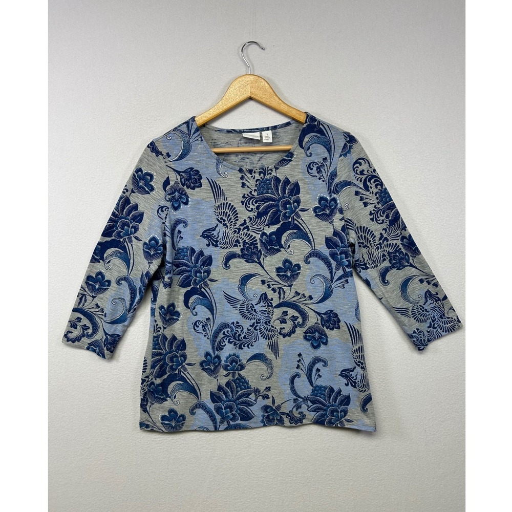 Boho Botanical Chico's Women Medium Blue Grey Floral Phoenix 3/4 Sleeve Top